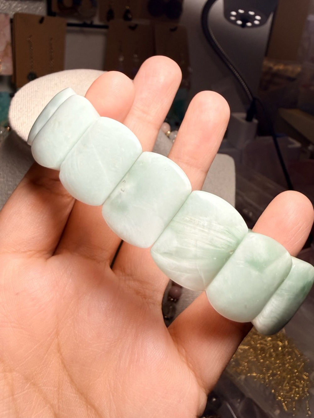 Green Moonstone Bangle Bracelet Chunky Gemstone Stretch Bracelet - Picture 4 of 6